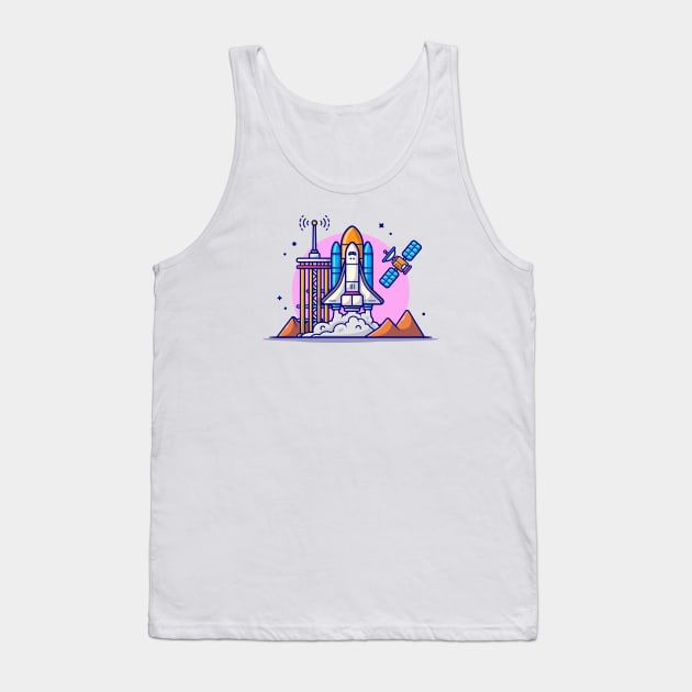 Space Shuttle Taking Off with Tower, Satellite and Mountain Cartoon Vector Icon Illustration Tank Top by Catalyst Labs